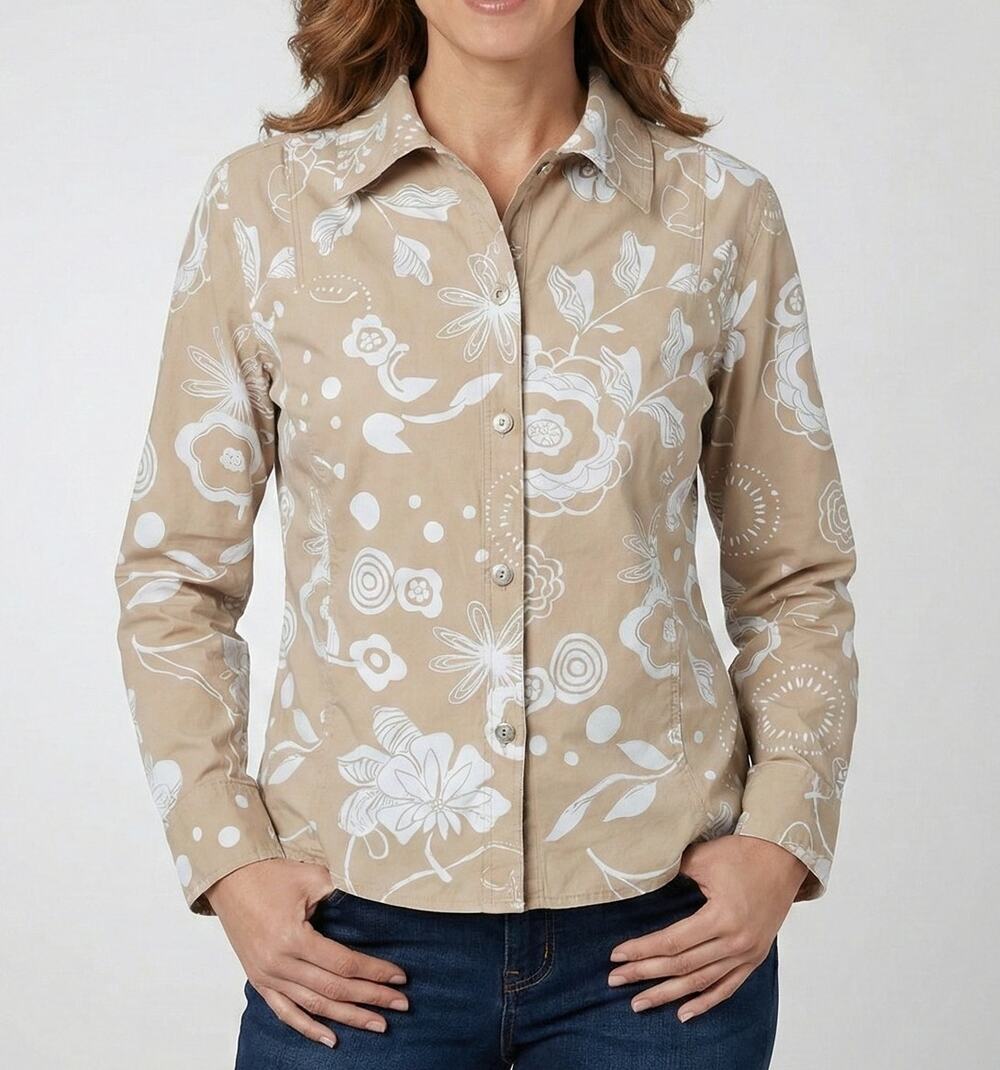 Fresh Produce Womens XS Tan White Button Front Shirt Jacket Floral Pockets